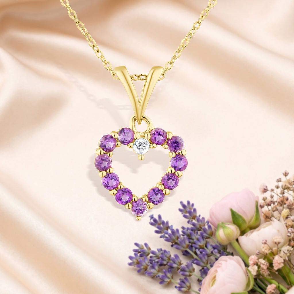 9ct Yellow Gold Amethyst and Diamond Open Heart Pendant