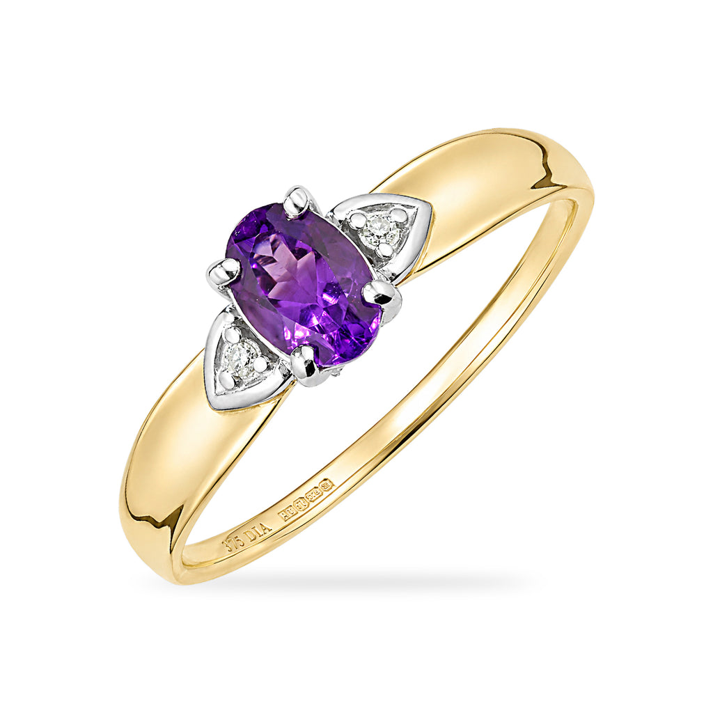 9ct Yellow Gold Amethyst and Diamond Engagement Ring with Diamond Shoulders
