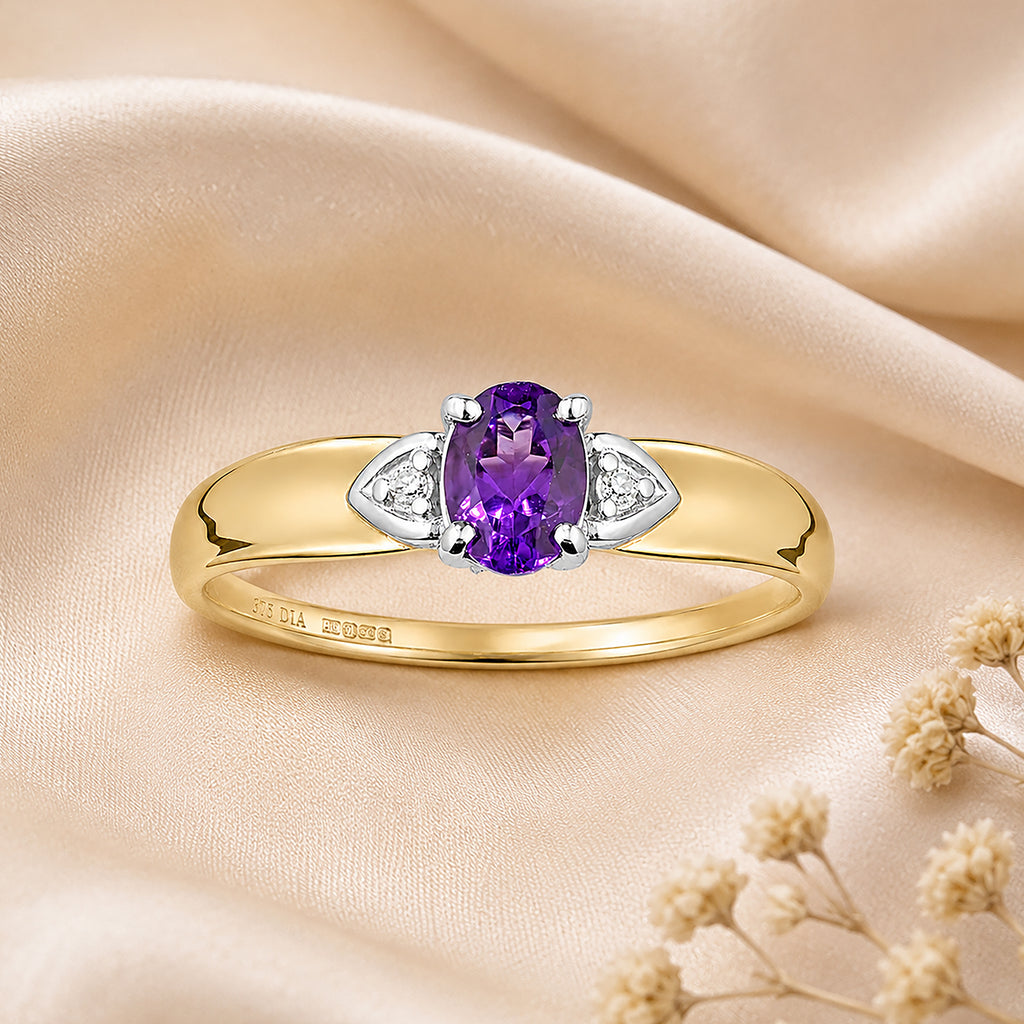 9ct Yellow Gold Amethyst and Diamond Engagement Ring with Diamond Shoulders