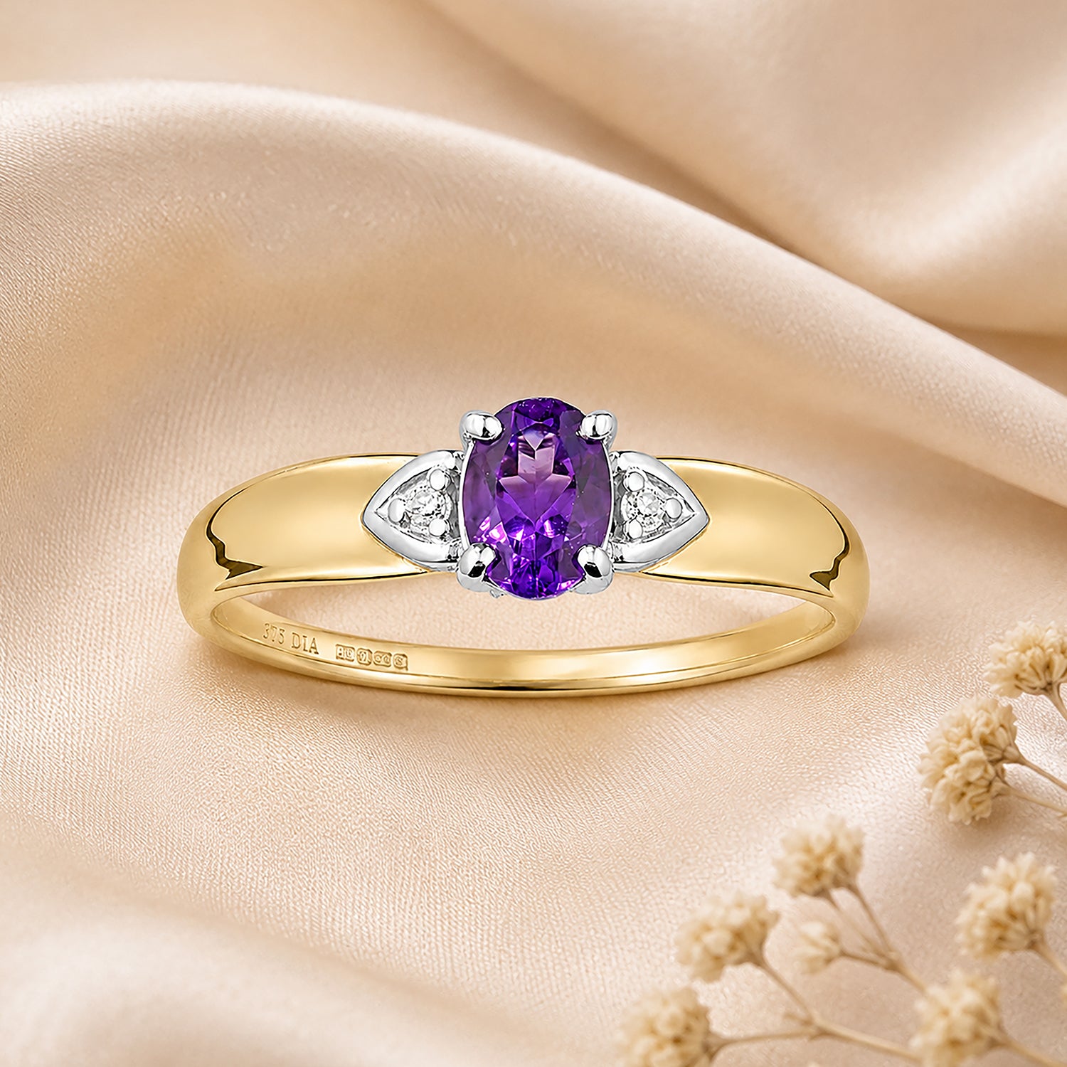 9ct Yellow Gold Amethyst and Diamond Engagement Ring with Diamond Shoulders