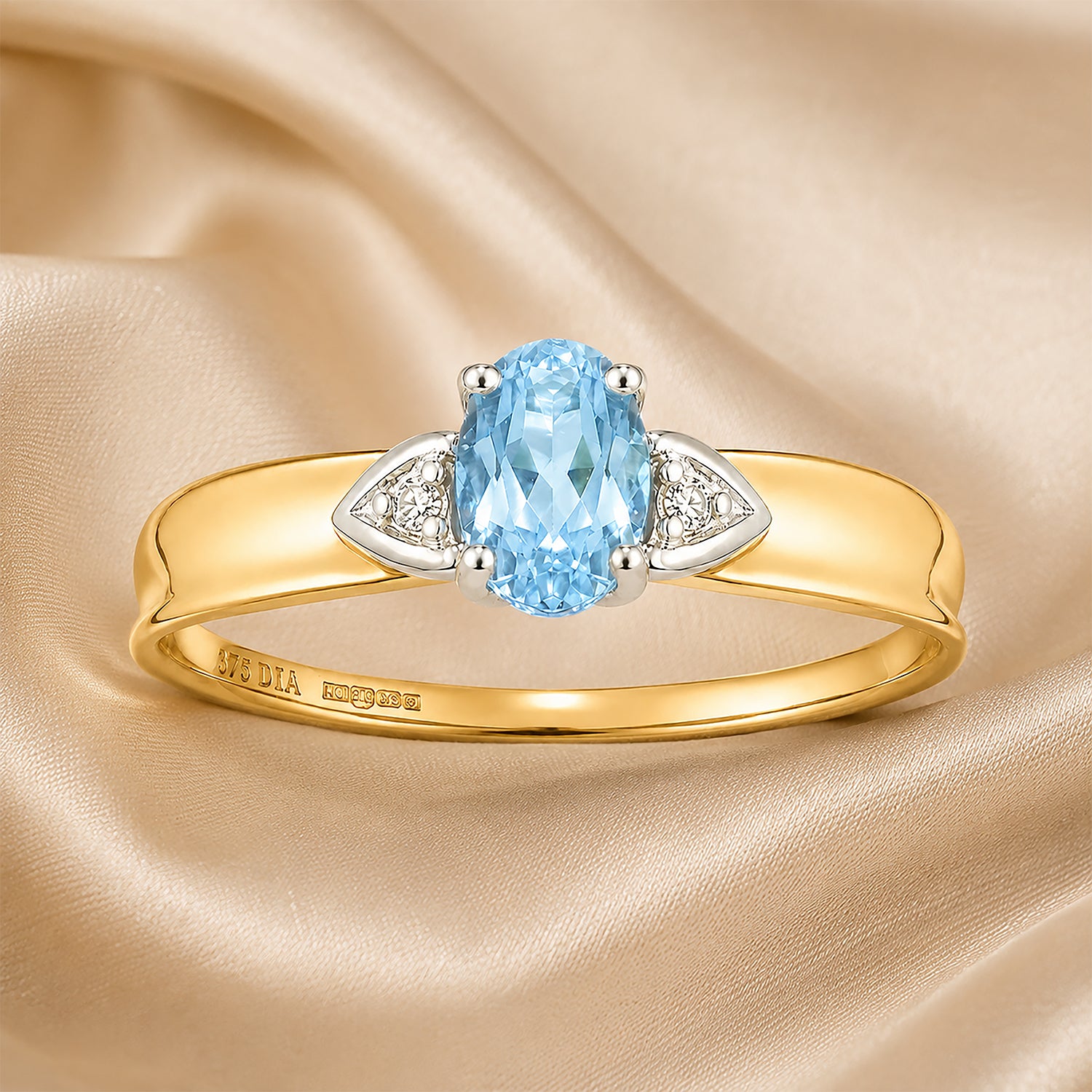 9ct Yellow Gold Blue Topaz and Diamond Engagement Ring with Diamond Shoulders