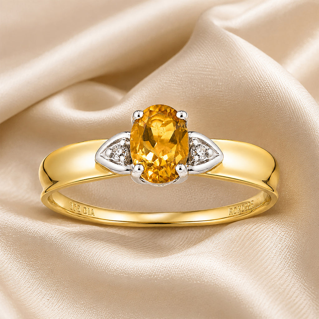 9ct Yellow Gold Citrine and Diamond Engagement Ring with Diamond Shoulders