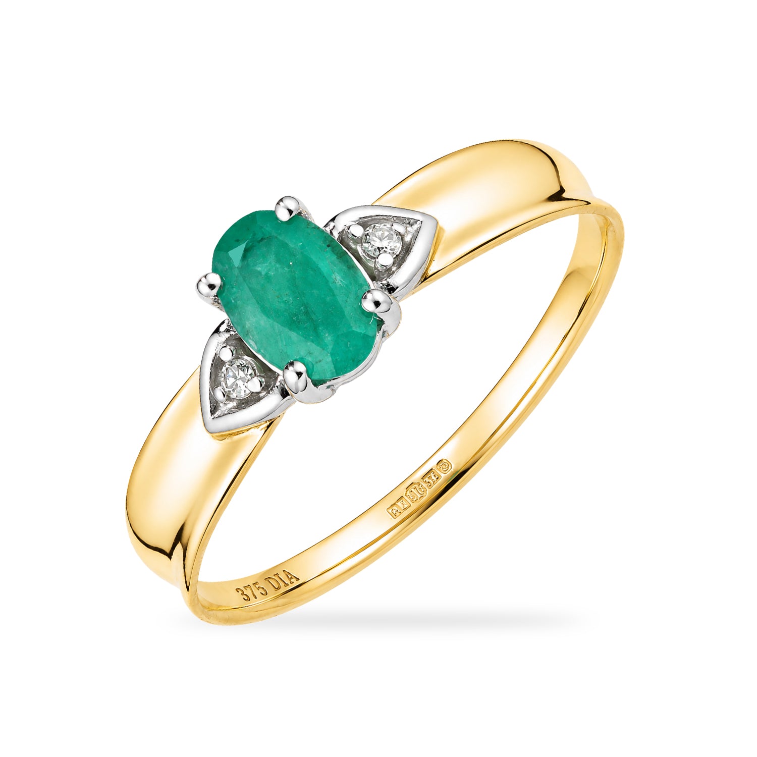 9ct Yellow Gold Emerald and Diamond Engagement Ring with Diamond Shoulders