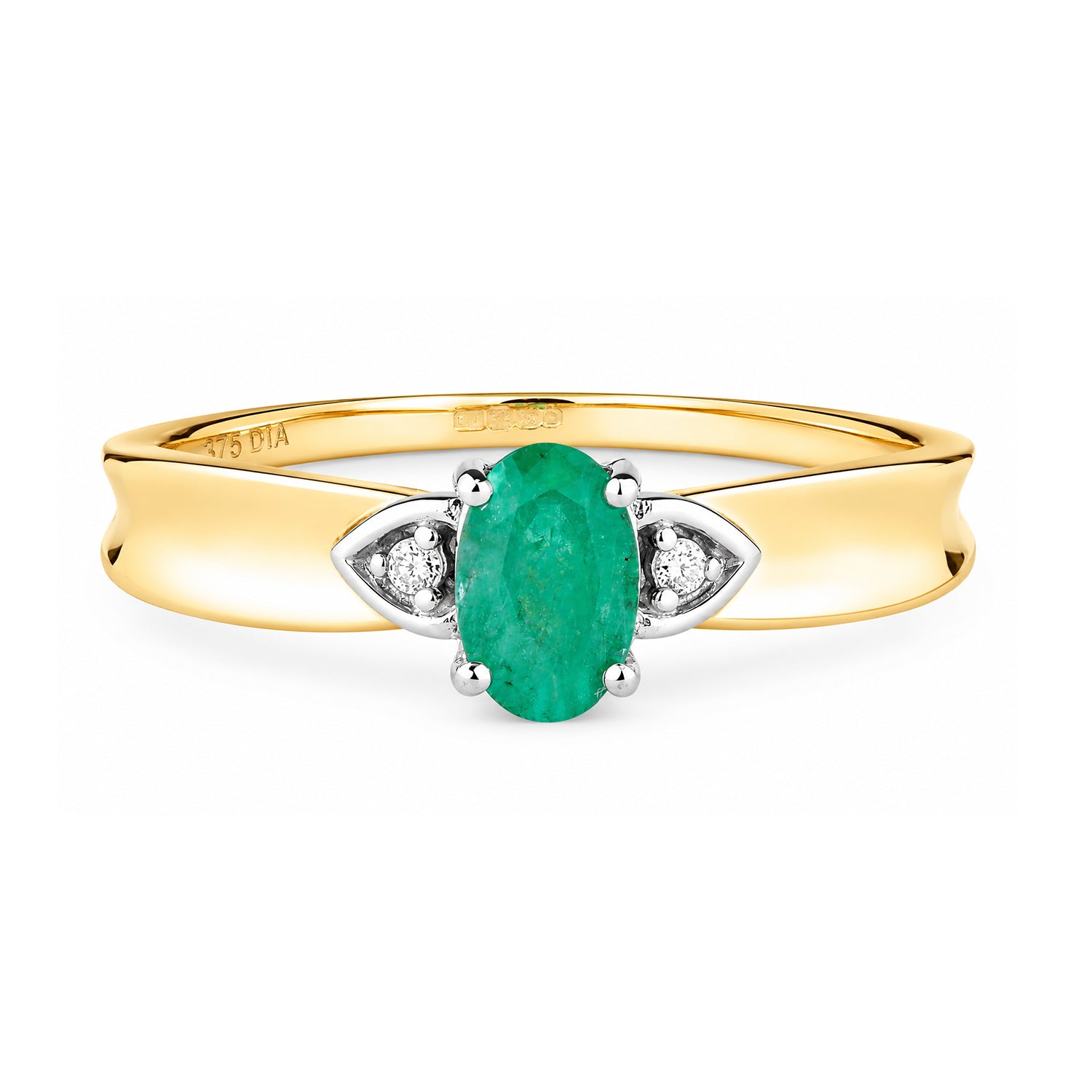 9ct Yellow Gold Emerald and Diamond Engagement Ring with Diamond Shoulders