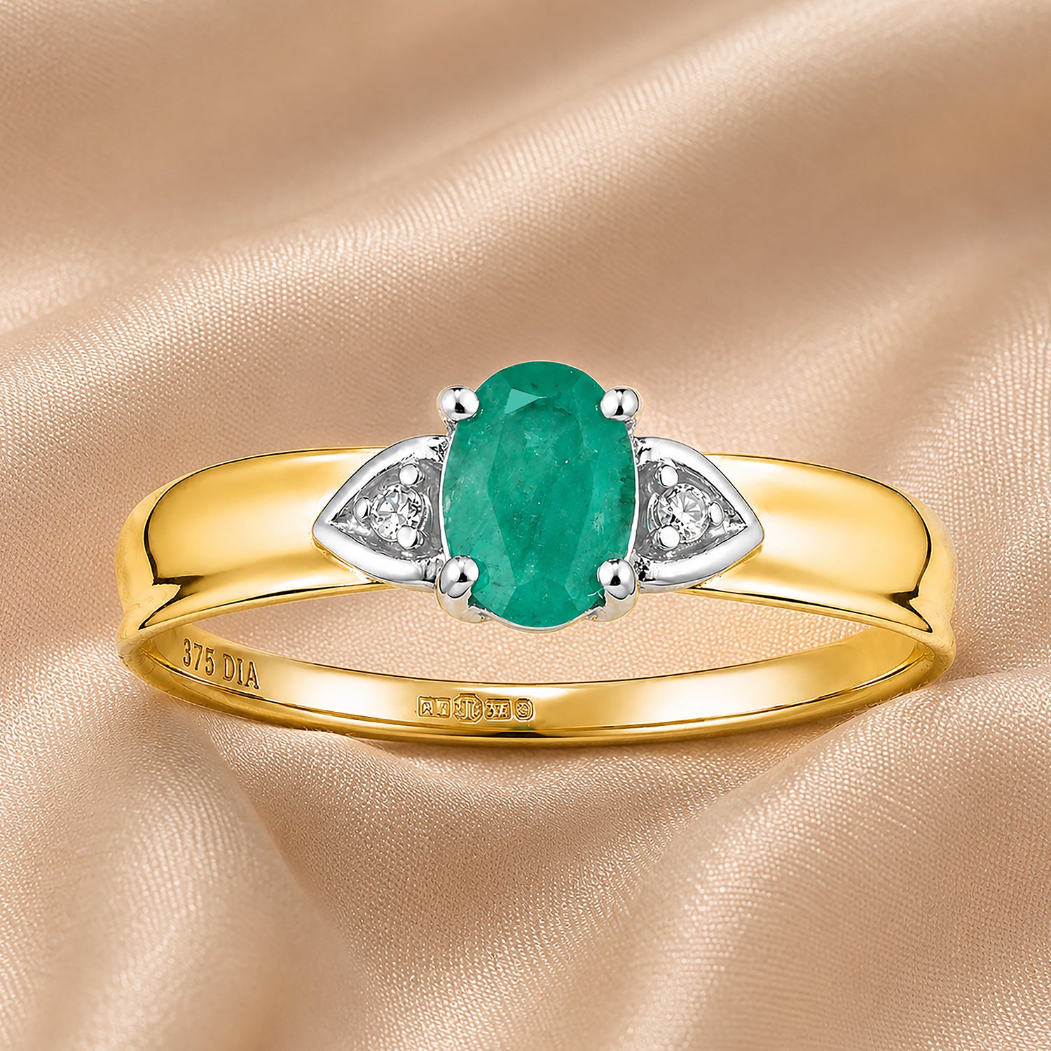 9ct Yellow Gold Emerald and Diamond Engagement Ring with Diamond Shoulders