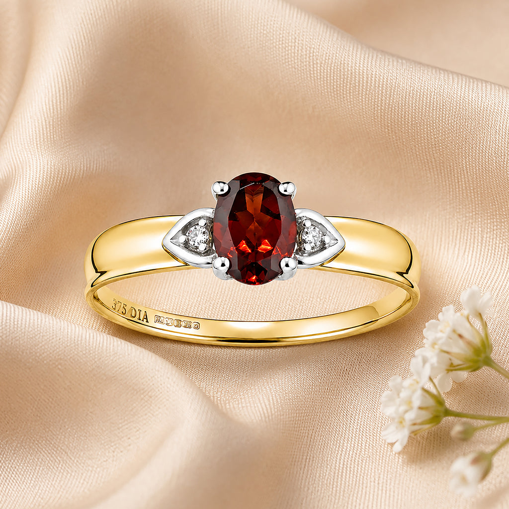 9ct Yellow Gold Garnet and Diamond Engagement Ring with Diamond Shoulders