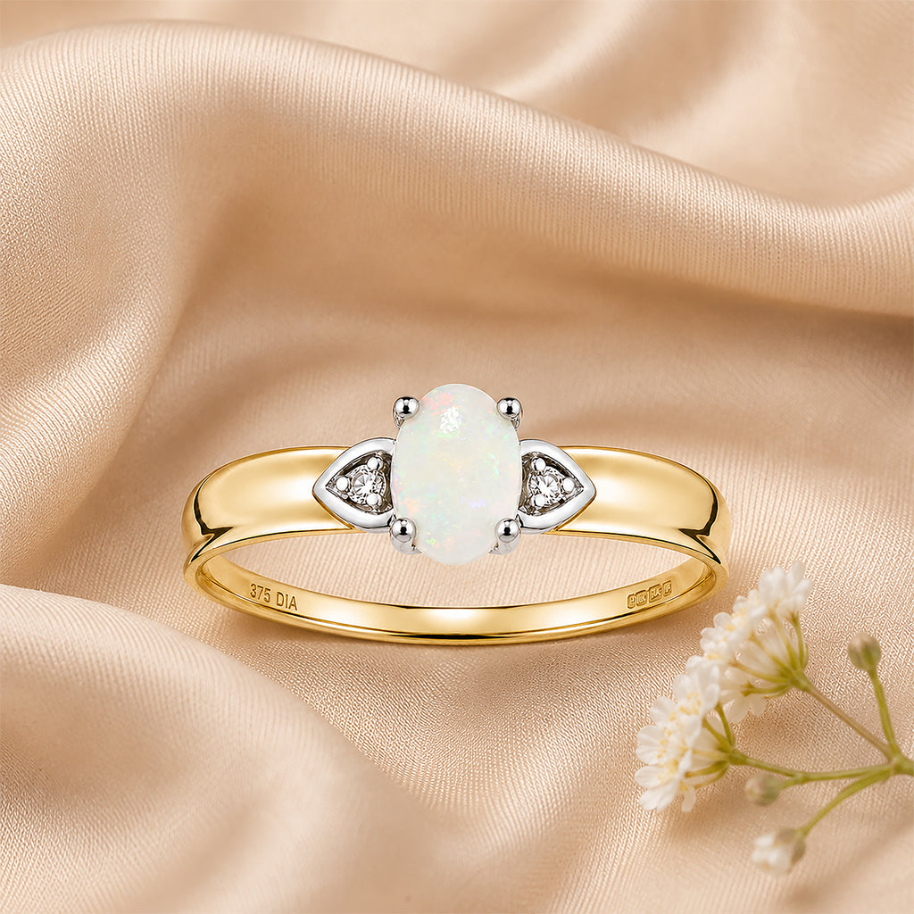 9ct Yellow Gold Opal and Diamond Engagement Ring with Diamond Shoulders