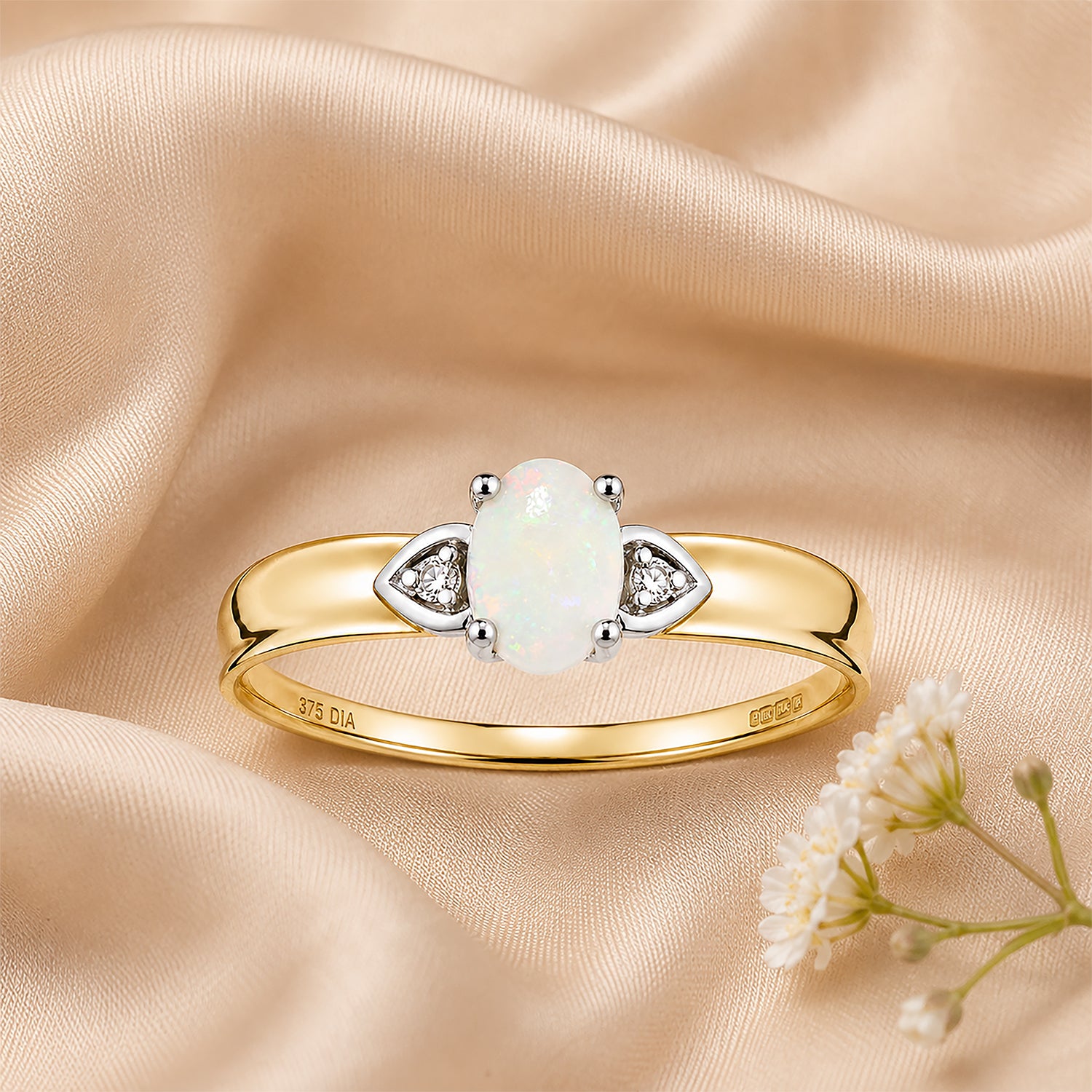 9ct Yellow Gold Opal and Diamond Engagement Ring with Diamond Shoulders