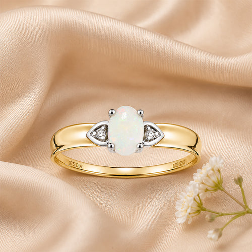 9ct Yellow Gold Opal and Diamond Engagement Ring with Diamond Shoulders
