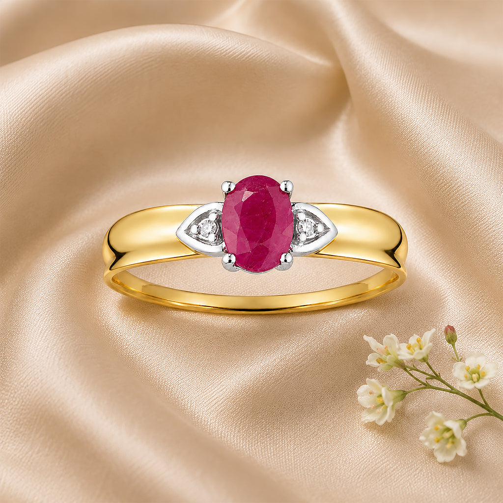 9ct Yellow Gold Ruby and Diamond Engagement Ring with Diamond Shoulders