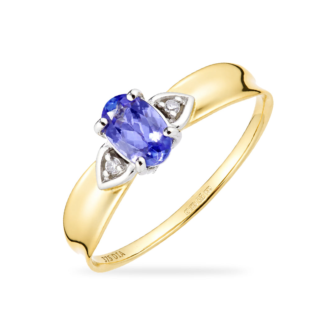 9ct Yellow Gold Tanzanite and Diamond Engagement Ring with Diamond Shoulders
