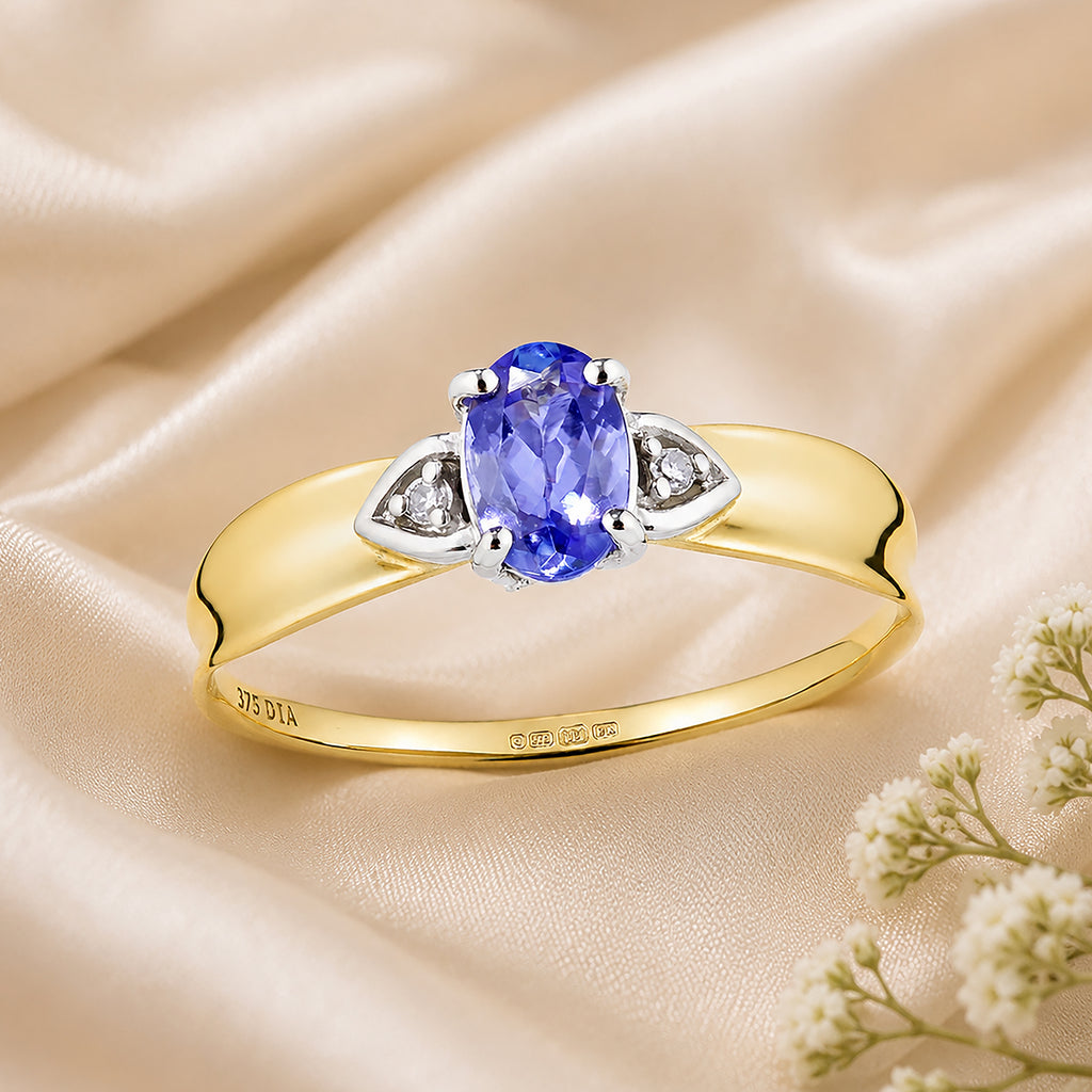 9ct Yellow Gold Tanzanite and Diamond Engagement Ring with Diamond Shoulders