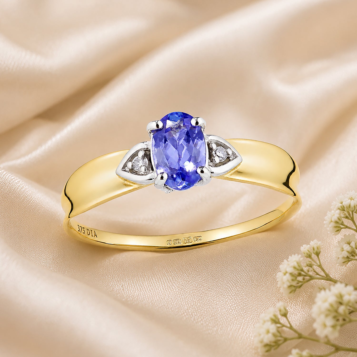 9ct Yellow Gold Tanzanite and Diamond Engagement Ring with Diamond Shoulders