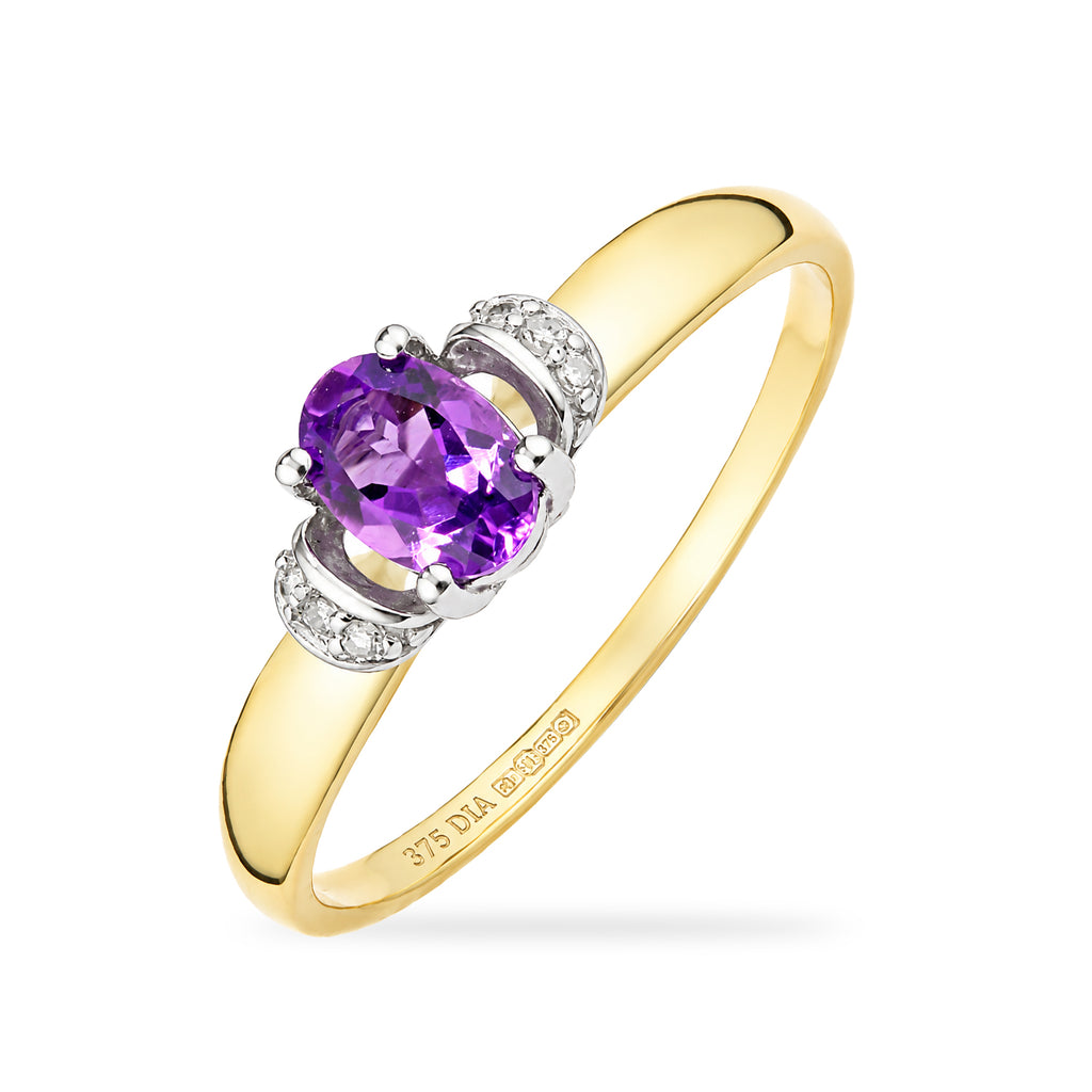 9ct Yellow Gold Amethyst Engagement Ring with Diamond Trilogy Shoulders