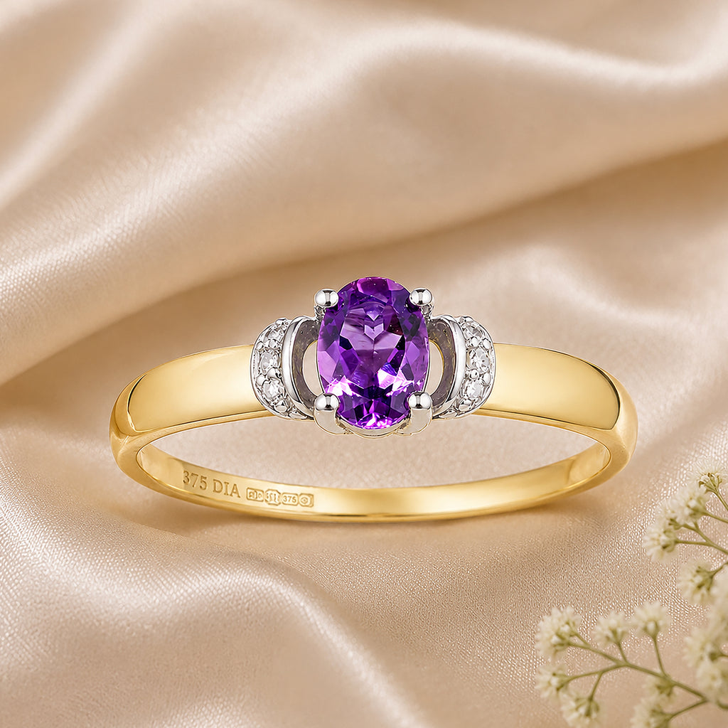 9ct Yellow Gold Amethyst Engagement Ring with Diamond Trilogy Shoulders