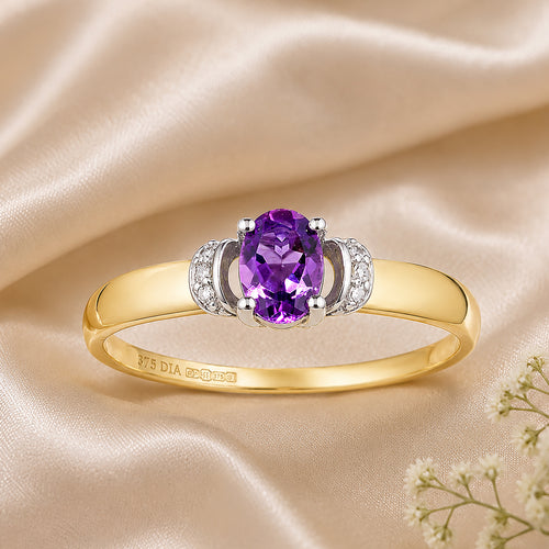 9ct Yellow Gold Amethyst Engagement Ring with Diamond Trilogy Shoulders