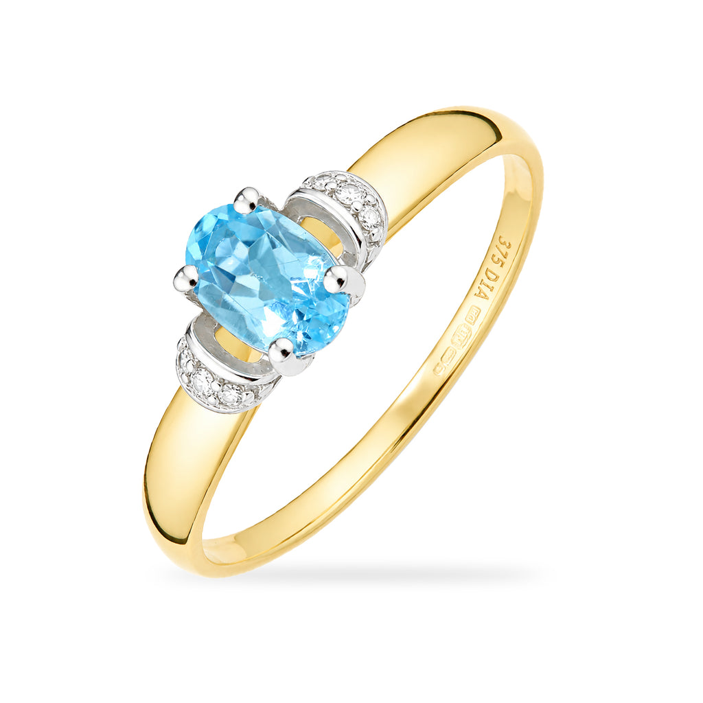 9ct Yellow Gold Blue Topaz Engagement Ring with Diamond Trilogy Shoulders
