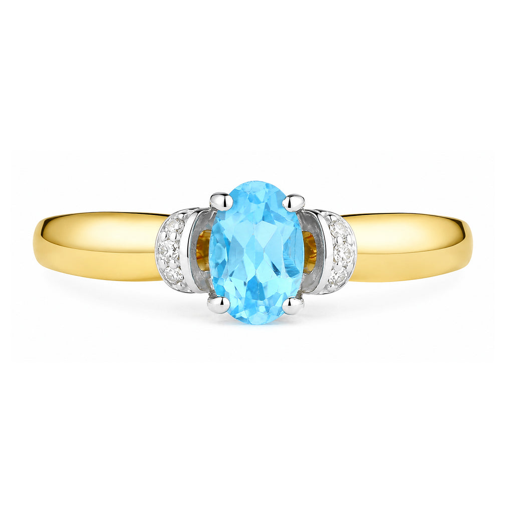 9ct Yellow Gold Blue Topaz Engagement Ring with Diamond Trilogy Shoulders