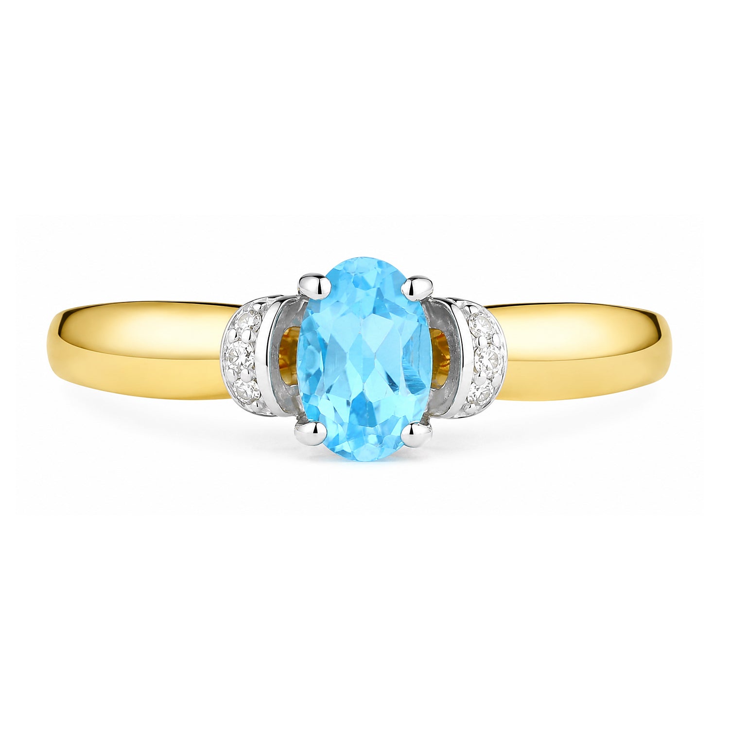 9ct Yellow Gold Blue Topaz Engagement Ring with Diamond Trilogy Shoulders