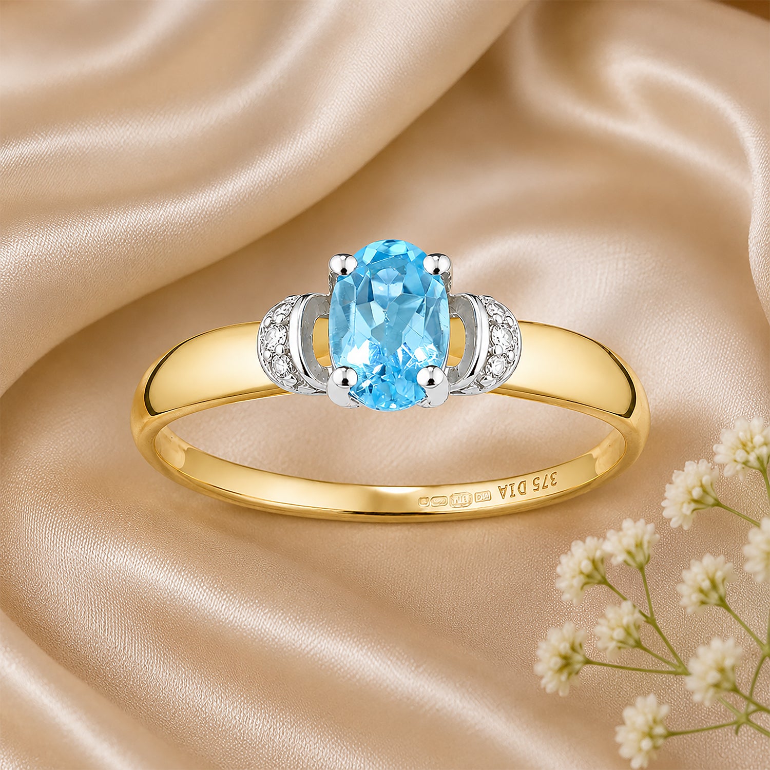 9ct Yellow Gold Blue Topaz Engagement Ring with Diamond Trilogy Shoulders