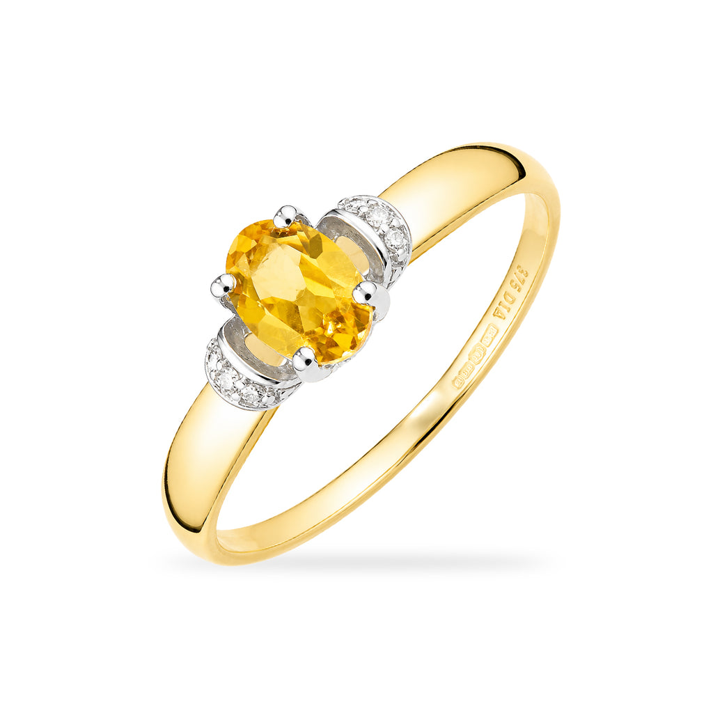 9ct Yellow Gold Citrine Engagement Ring with Diamond Trilogy Shoulders