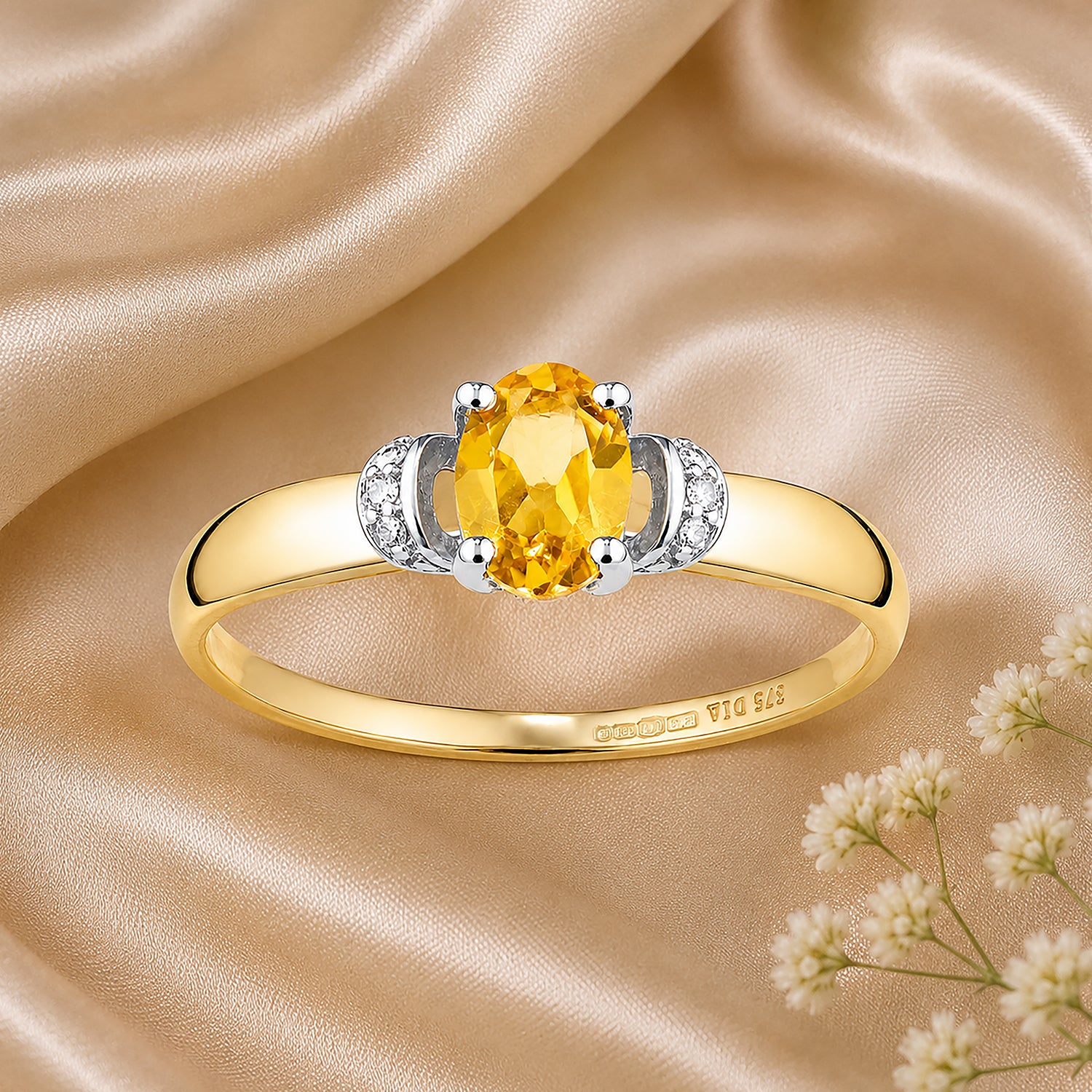 9ct Yellow Gold Citrine Engagement Ring with Diamond Trilogy Shoulders