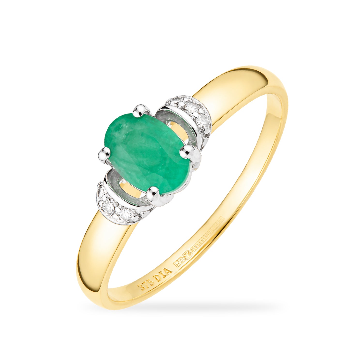 9ct Yellow Gold Emerald Engagement Ring with Diamond Trilogy Shoulders