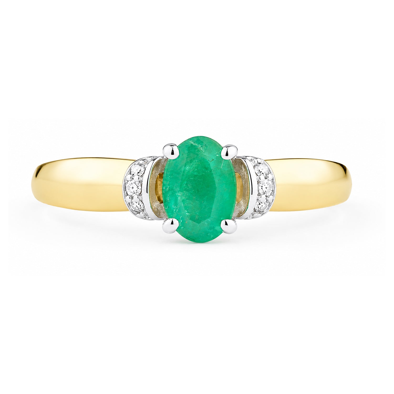 9ct Yellow Gold Emerald Engagement Ring with Diamond Trilogy Shoulders