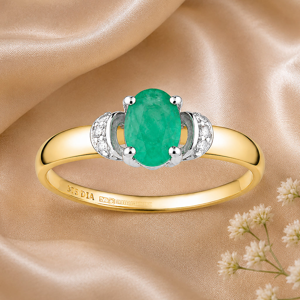 9ct Yellow Gold Emerald Engagement Ring with Diamond Trilogy Shoulders