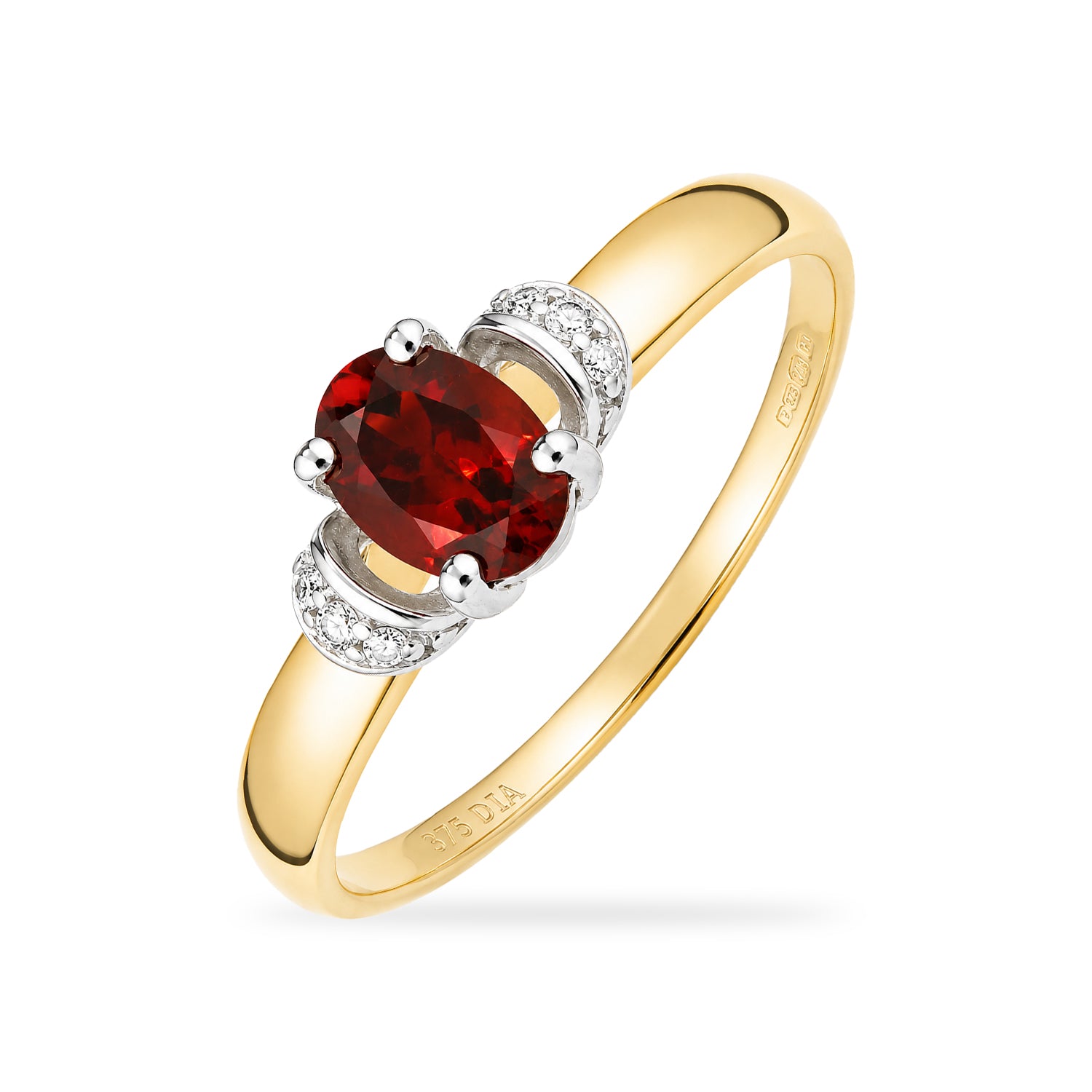 9ct Yellow Gold Garnet Engagement Ring with Diamond Trilogy Shoulders