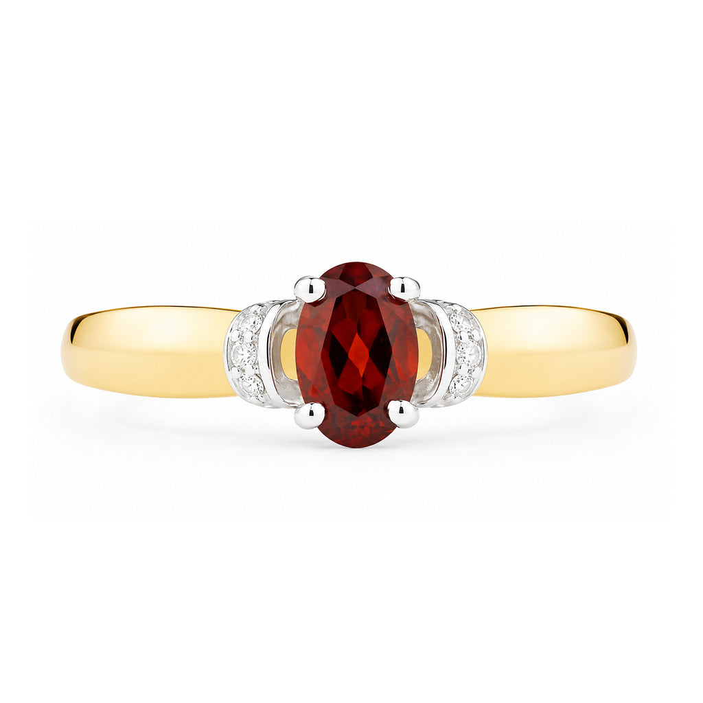9ct Yellow Gold Garnet Engagement Ring with Diamond Trilogy Shoulders