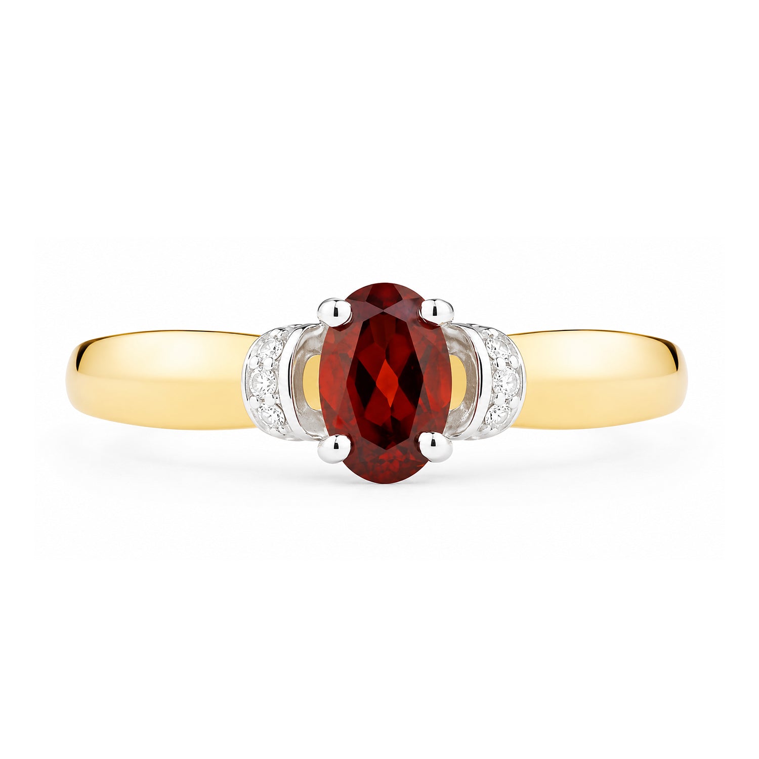 9ct Yellow Gold Garnet Engagement Ring with Diamond Trilogy Shoulders