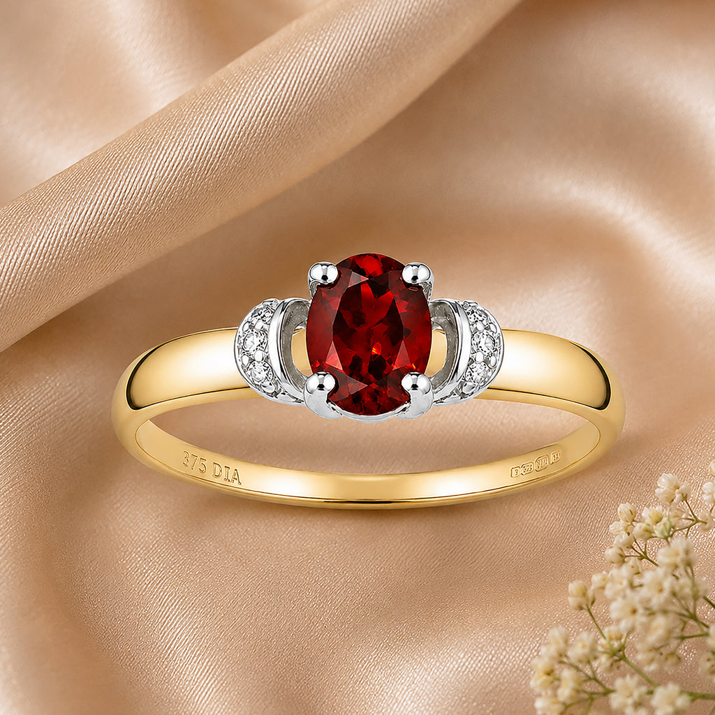 9ct Yellow Gold Garnet Engagement Ring with Diamond Trilogy Shoulders