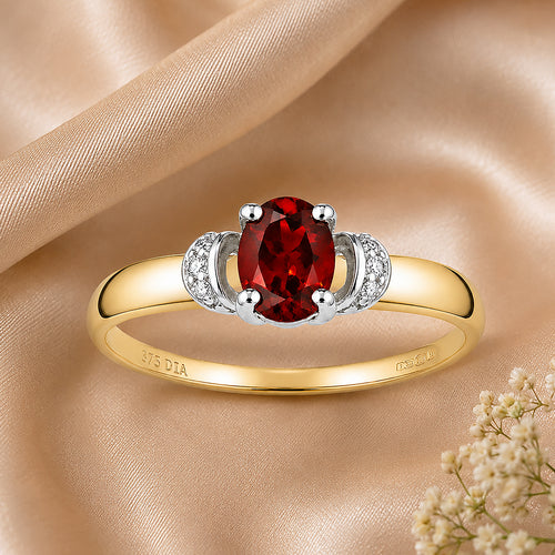 9ct Yellow Gold Garnet Engagement Ring with Diamond Trilogy Shoulders