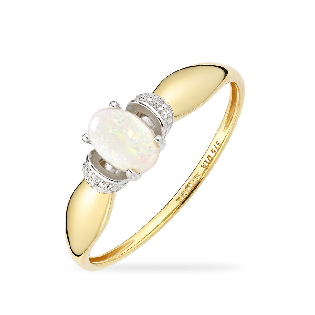 9ct Yellow Gold Opal Engagement Ring with Diamond Trilogy Shoulders