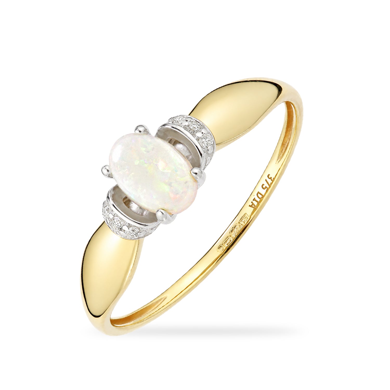 9ct Yellow Gold Opal Engagement Ring with Diamond Trilogy Shoulders