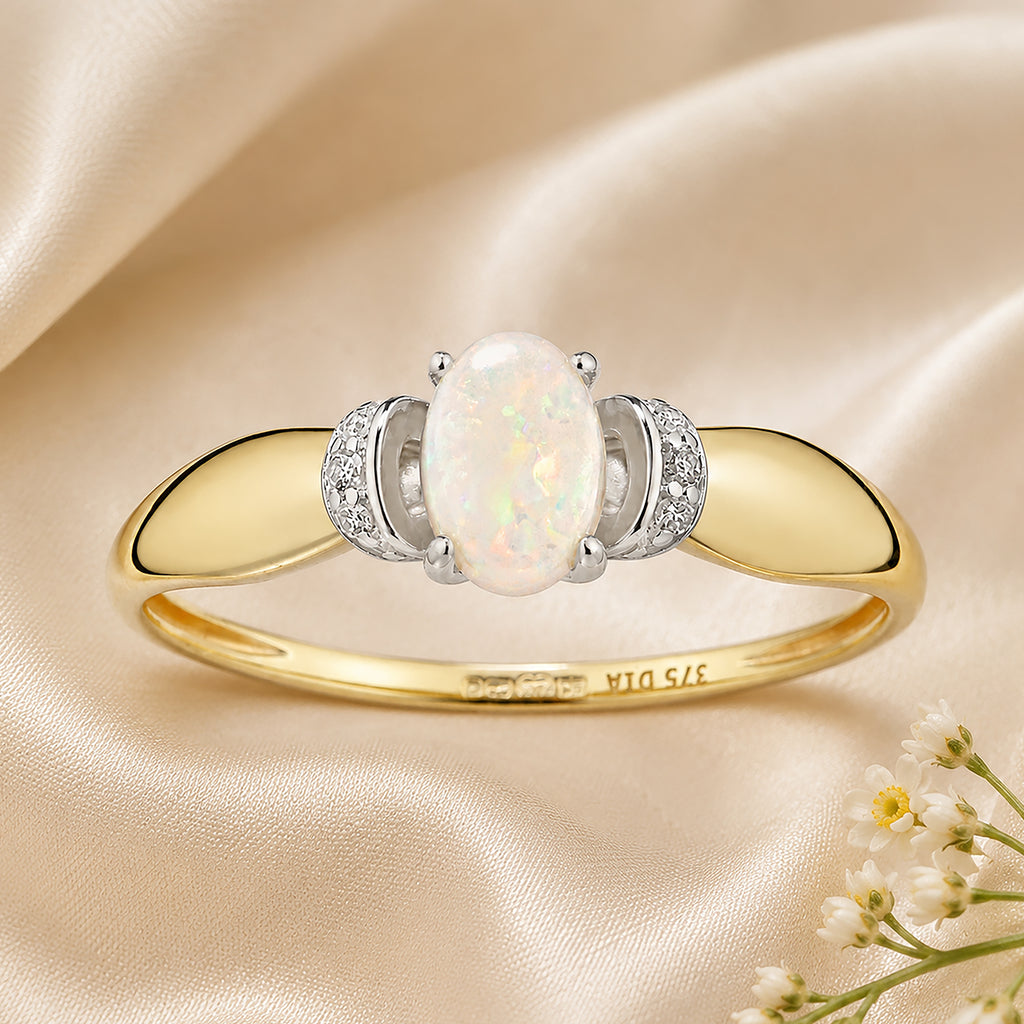 9ct Yellow Gold Opal Engagement Ring with Diamond Trilogy Shoulders