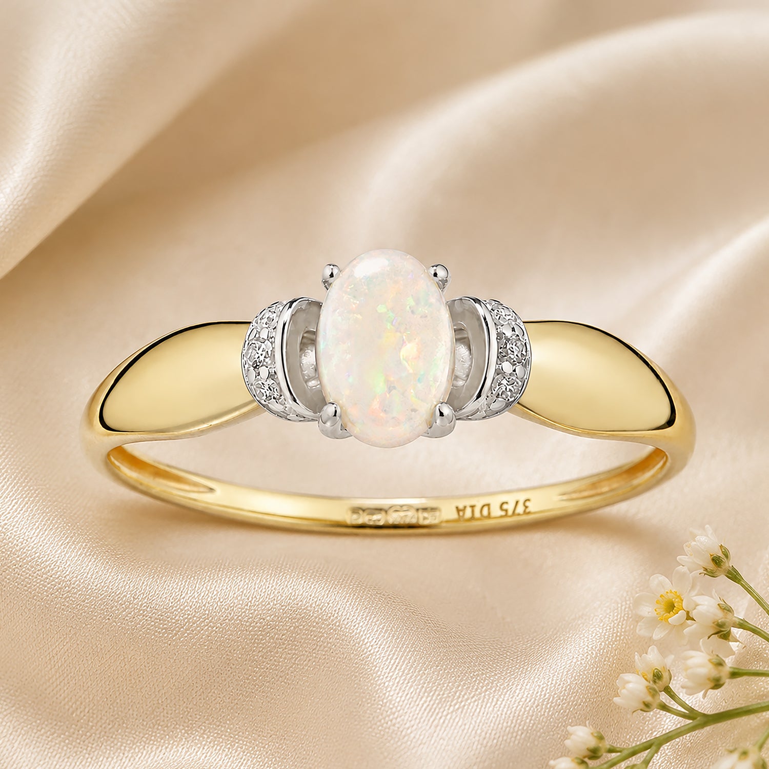 9ct Yellow Gold Opal Engagement Ring with Diamond Trilogy Shoulders