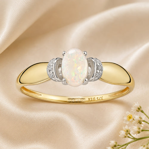9ct Yellow Gold Opal Engagement Ring with Diamond Trilogy Shoulders