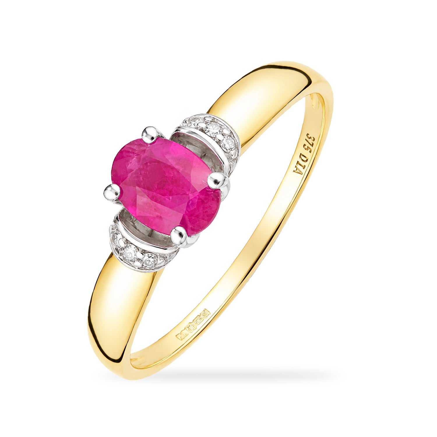 9ct Yellow Gold Ruby Engagement Ring with Diamond Trilogy Shoulders
