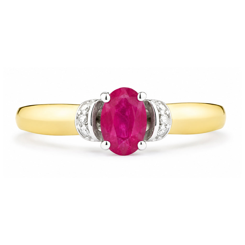9ct Yellow Gold Ruby Engagement Ring with Diamond Trilogy Shoulders