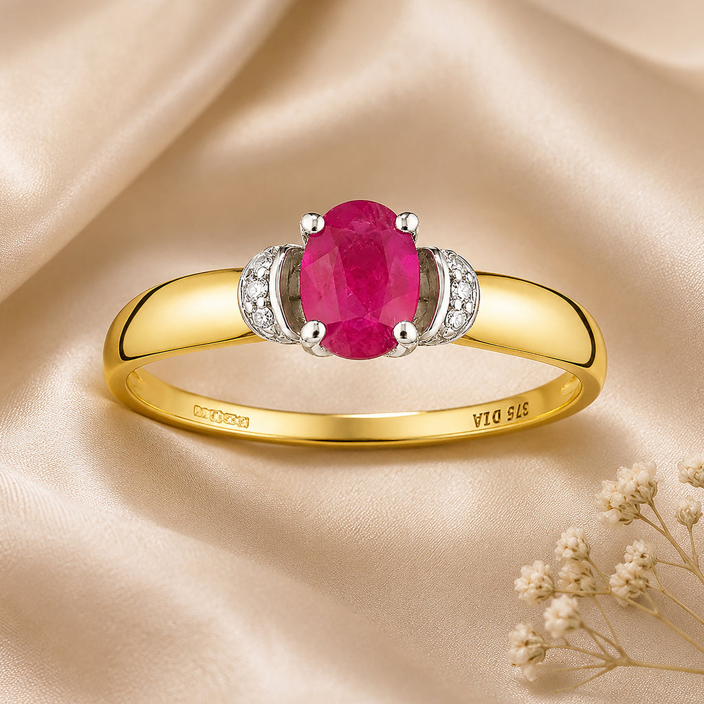 9ct Yellow Gold Ruby Engagement Ring with Diamond Trilogy Shoulders