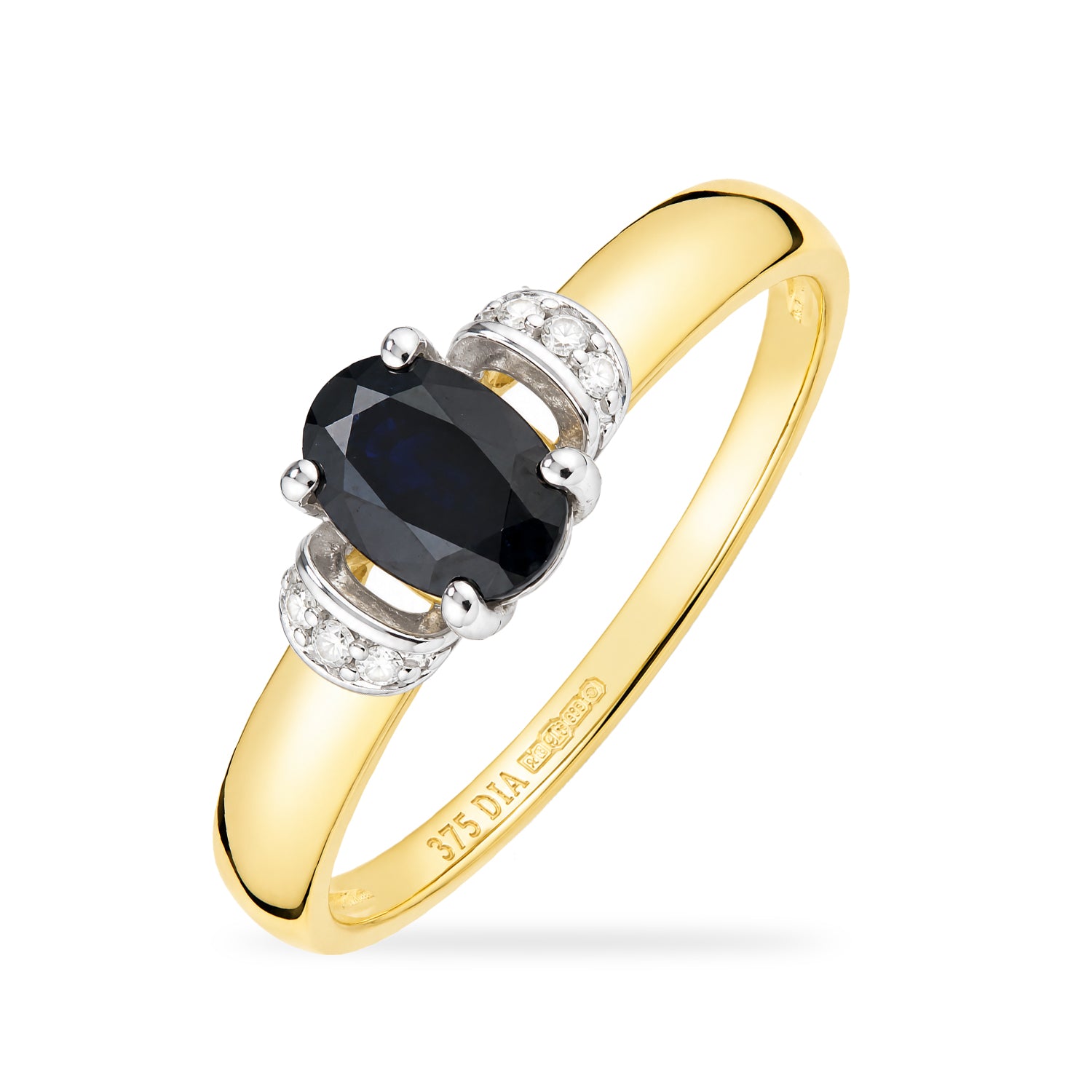 9ct Yellow Gold Sapphire Engagement Ring with Diamond Trilogy Shoulders