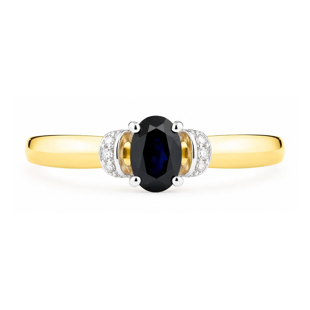 9ct Yellow Gold Sapphire Engagement Ring with Diamond Trilogy Shoulders