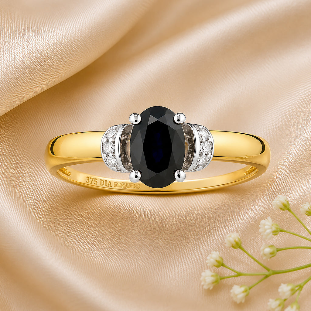 9ct Yellow Gold Sapphire Engagement Ring with Diamond Trilogy Shoulders