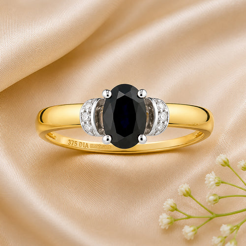 9ct Yellow Gold Sapphire Engagement Ring with Diamond Trilogy Shoulders