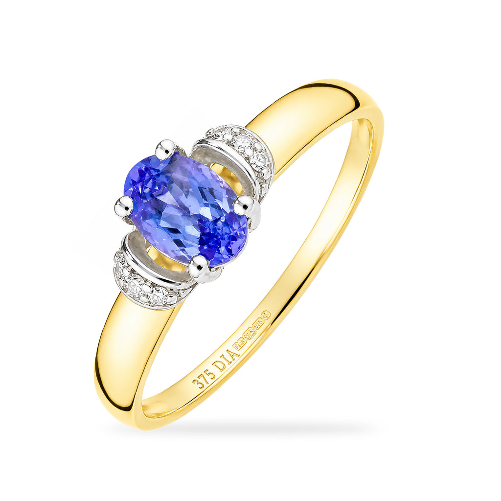 9ct Yellow Gold Tanzanite Engagement Ring with Diamond Trilogy Shoulders