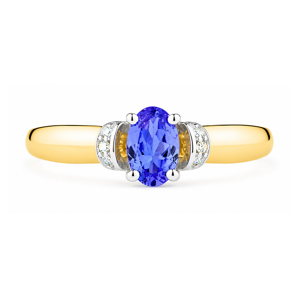 9ct Yellow Gold Tanzanite Engagement Ring with Diamond Trilogy Shoulders