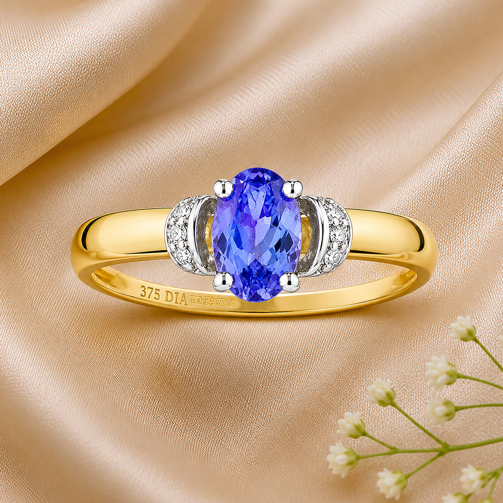 9ct Yellow Gold Tanzanite Engagement Ring with Diamond Trilogy Shoulders