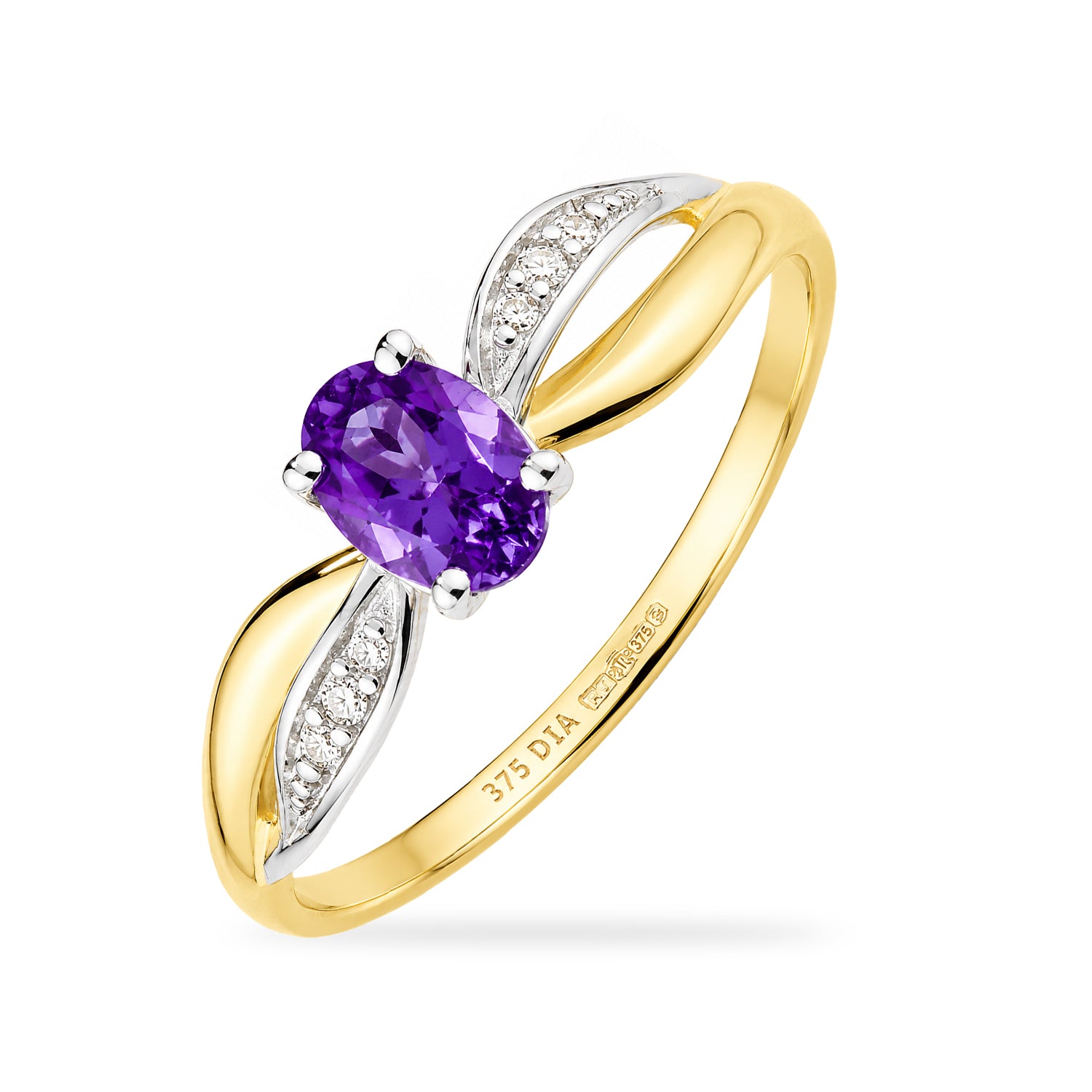 9ct Yellow Gold Amethyst Engagement Ring with Diamond Crossover Shoulders
